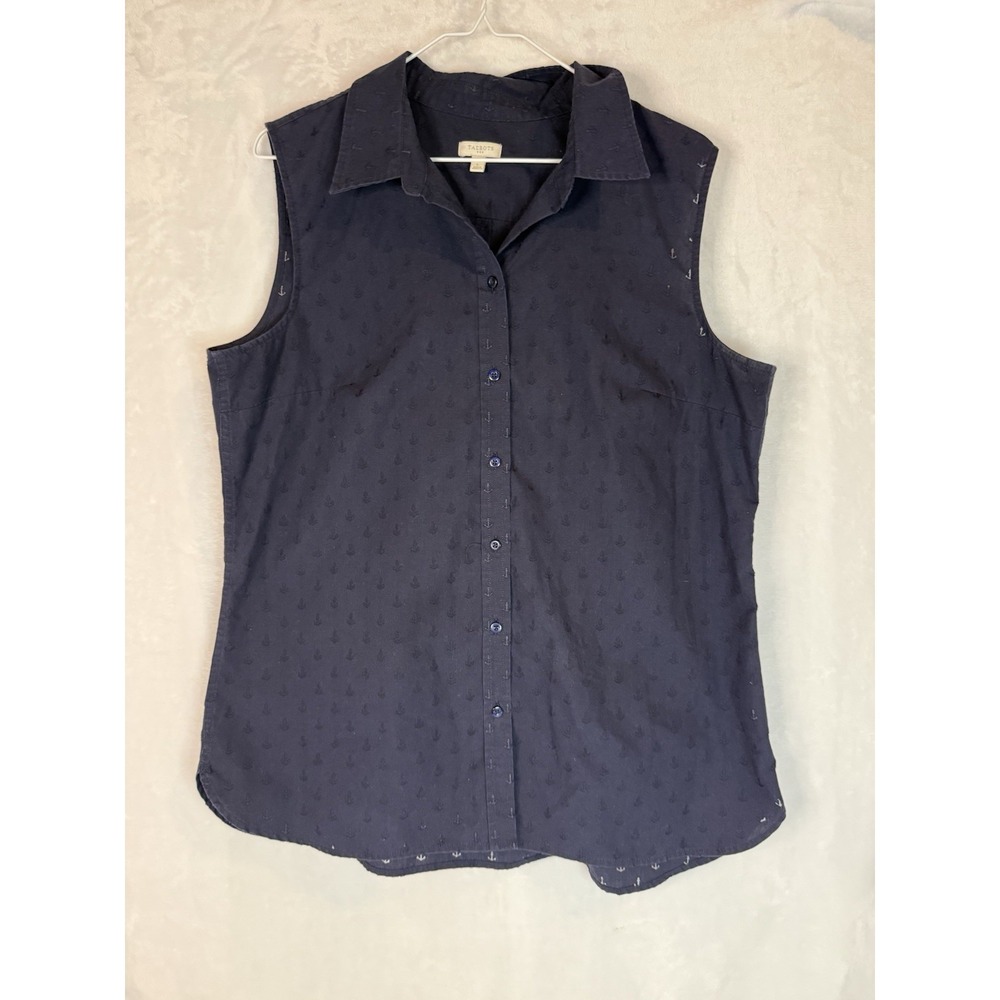 Talbots Navy Anchor Blouse L Sleeveless Button Front Textured Nautical Semisheer